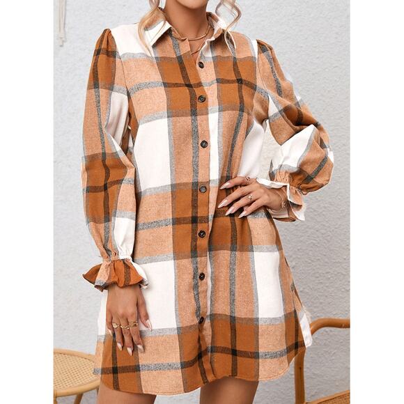 NWT  khaki pattern collared neck ruffled sleeve shirt dress - Picture 2 of 8